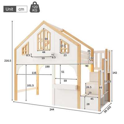 BTM 3ft Children's Loft Bed, Wooden House Bed with LED Lighting And ...