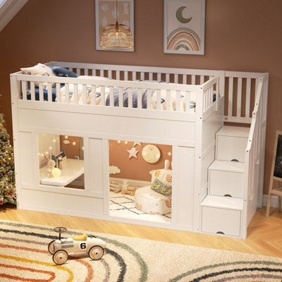 BTM 3ft Kids Loft Bunk Bed, Wooden House Bed with Storage Stairs And ...