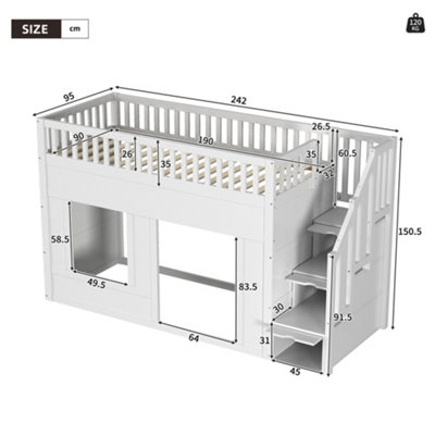 BTM 3ft Kids Loft Bunk Bed, Wooden House Bed with Storage Stairs And ...