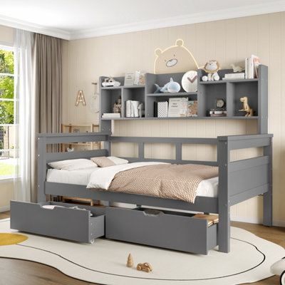 BTM 3ft Kids Wooden Bed with 2 Drawers Bookcase Headboard, Space Saving ...