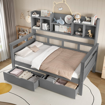 BTM 3ft Kids Wooden Bed with 2 Drawers Bookcase Headboard, Space Saving ...