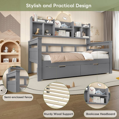 BTM 3ft Kids Wooden Bed with 2 Drawers Bookcase Headboard, Space Saving ...