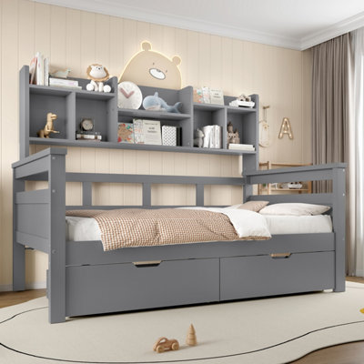 BTM 3ft Kids Wooden Bed with 2 Drawers Bookcase Headboard, Space Saving ...