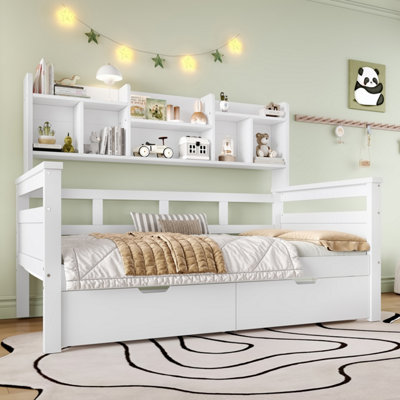 BTM 3ft Kids Wooden Bed with 2 Drawers Bookcase Headboard, Space Saving ...