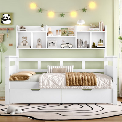 BTM 3ft Kids Wooden Bed with 2 Drawers Bookcase Headboard, Space Saving ...