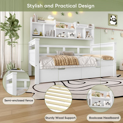 BTM 3ft Kids Wooden Bed with 2 Drawers Bookcase Headboard, Space Saving ...
