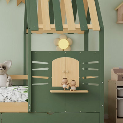 BTM 3ft Kids Wooden Bed with Roof Frame And Window, 2 Drawers, MDF ...