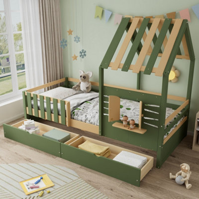BTM 3ft Kids Wooden Bed with Roof Frame And Window, 2 Drawers, MDF ...
