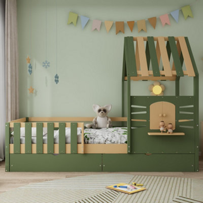 BTM 3ft Kids Wooden Bed with Roof Frame And Window, 2 Drawers, MDF ...