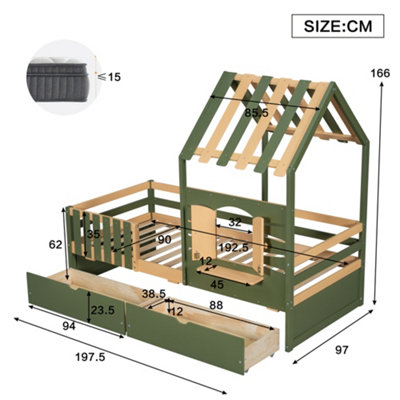 BTM 3ft Kids Wooden Bed with Roof Frame And Window, 2 Drawers, MDF ...