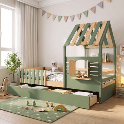 BTM 3ft Kids Wooden Bed with Roof Frame And Window, 2 Drawers, MDF ...