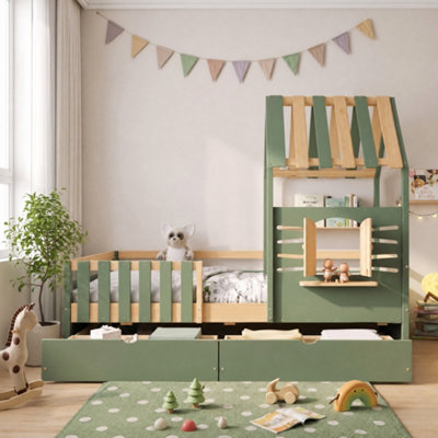 BTM 3ft Kids Wooden Bed with Roof Frame And Window, 2 Drawers, MDF ...