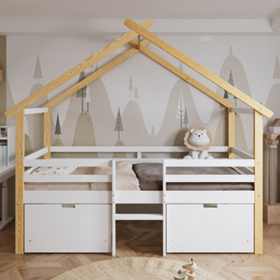 BTM 3ft Kids Wooden Bed with Safety Rail, 2 Drawers on Wheels, Roof ...