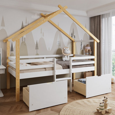BTM 3ft Kids Wooden Bed with Safety Rail, 2 Drawers on Wheels, Roof ...