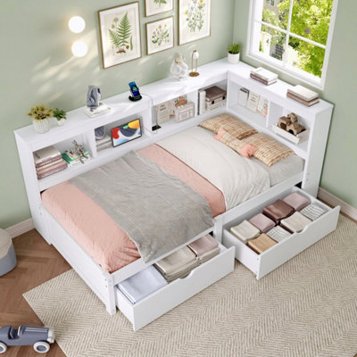 BTM 3ft L Shape Daybed with 2 Drawers Bookcase Storage, Wooden Bed with ...