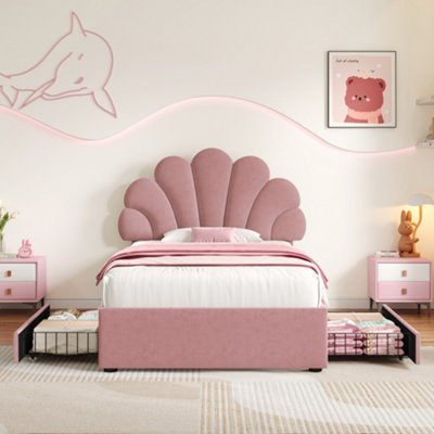 BTM 3ft single bed frame velvet upholstered with petal headboard 2