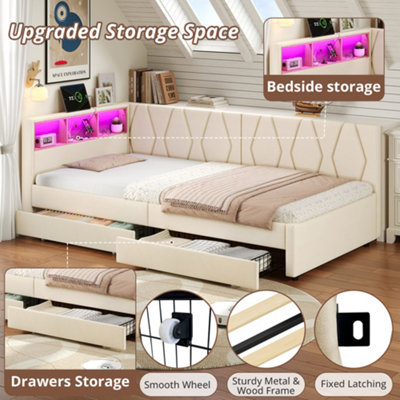 BTM 3ft Single Daybed with Two Storage Drawers LED Bed Frame with ...