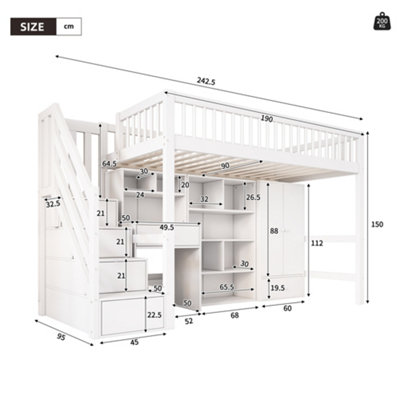 BTM 3ft single kids bed 90x190cm with desk stairs wardrobe lockers ...
