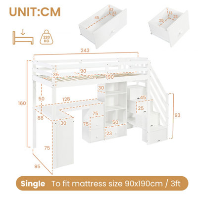 BTM 3ft Single Loft Bed with L-Desk, Storage Stairs & RGB LED, White ...