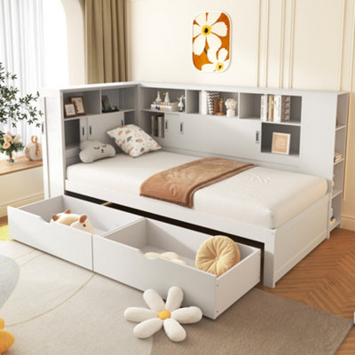 BTM 3ft Single Platform Bed White with Trundle Bookcase USB Storage ...