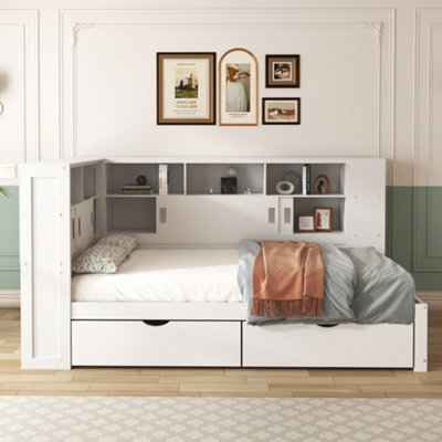 BTM 3ft Single Platform Bed White with Trundle Bookcase USB Storage ...
