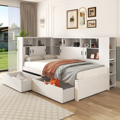 BTM 3ft Single Platform Bed White with Trundle Bookcase USB Storage ...