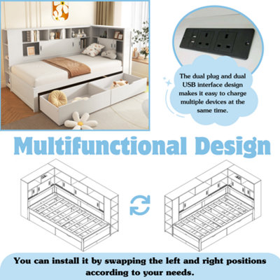 BTM 3ft Single Platform Bed White with Trundle Bookcase USB Storage ...
