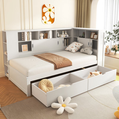 BTM 3ft Single Platform Bed White with Trundle Bookcase USB Storage ...