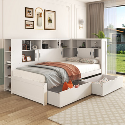 BTM 3ft Single Platform Bed White with Trundle Bookcase USB Storage ...
