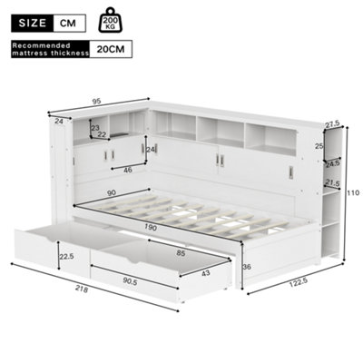 BTM 3ft Single Platform Bed White with Trundle Bookcase USB Storage ...