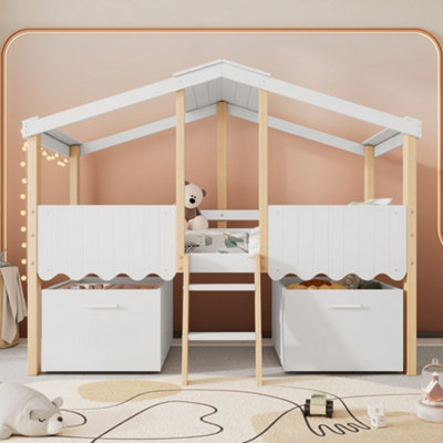 BTM 3ft Single Wooden Bed for Children White and Natural with Roof ...