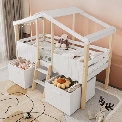 BTM 3ft Single Wooden Bed for Children White and Natural with Roof ...