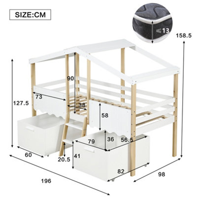 BTM 3ft Single Wooden Bed for Children White and Natural with Roof ...