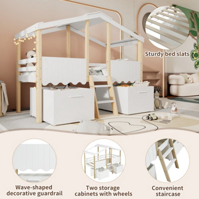 BTM 3ft Single Wooden Bed for Children White and Natural with Roof ...