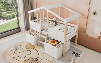 BTM 3ft Single Wooden Bed for Children White and Natural with Roof ...
