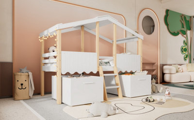 BTM 3ft Single Wooden Bed for Children White and Natural with Roof ...