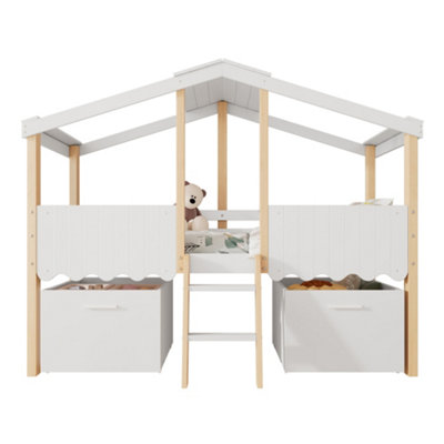 BTM 3ft Single Wooden Bed for Children White and Natural with Roof ...
