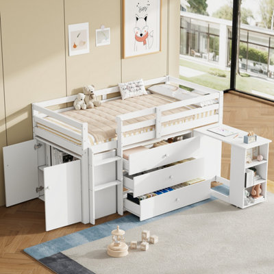 BTM 3ft Single Wooden Cabin Bed with Pull-Out Desk, Drawers And Storage ...