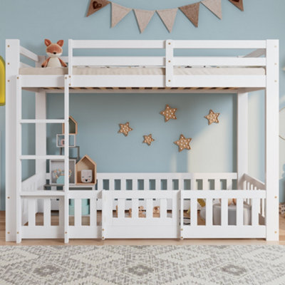BTM 3ft Solid Wood Bunk Bed White with Door Fence Fall Protection and ...