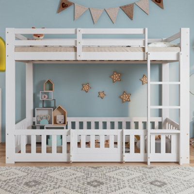 BTM 3ft Solid Wood Bunk Bed White with Door Fence Fall Protection and ...