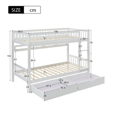 BTM 3ft White Bunk Bed for Children Solid Pine Frame with Slide Out ...
