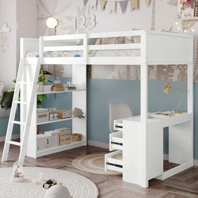 BTM 3ft wooden teenage bunk bed 90x190cm with desk 4 drawers ladder ...