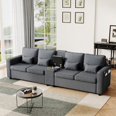 BTM 4-Seater Sofa with Storage Console, USB & Type-C, Cup Holders, Grey ...