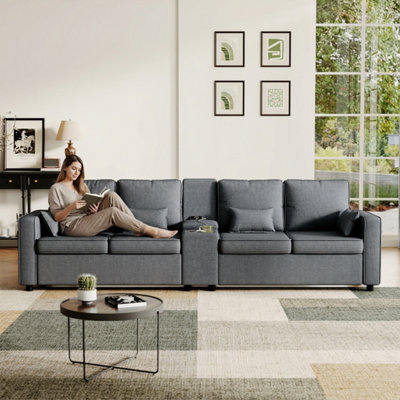 BTM 4-Seater Sofa with Storage Console, USB & Type-C, Cup Holders, Grey ...