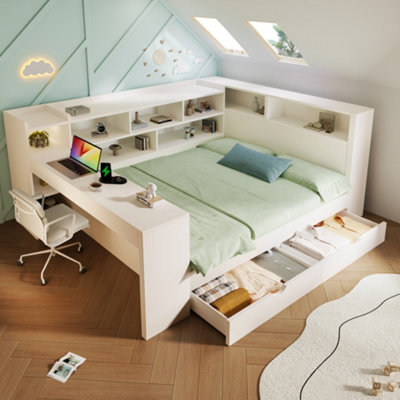 BTM 4ft6 Daybed 135x190cm with Bookcase, Desk, Drawers And USB-C
