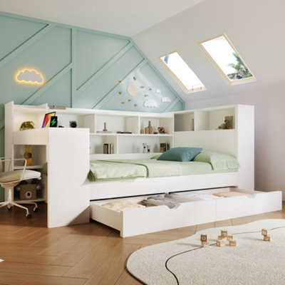 BTM 4ft6 Daybed 135x190cm with Bookcase, Desk, Drawers And USB-C