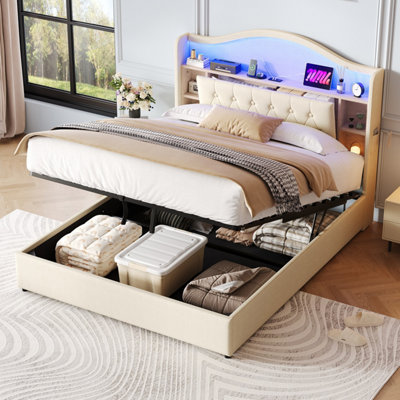 Photo inspiration: Btm 4Ft6 Double Linen Hydraulic Bed Led Curved Tufted Headboard Photo Inspiration