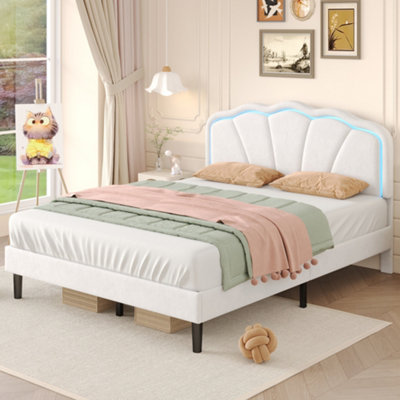 BTM 4ft6 Double Upholstered Bed, LED Adjustable Shell Headboard, Velvet ...