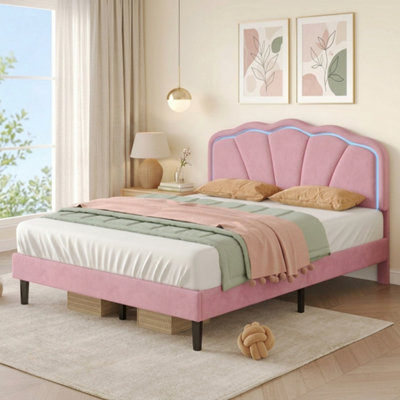 BTM 4FT6 Double Upholstered Bed With Shell Shape Headboard LED Lighting ...