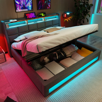 BTM 4FT6 Double Upholstered Storage Bed with LED Lighting USB Charging ...